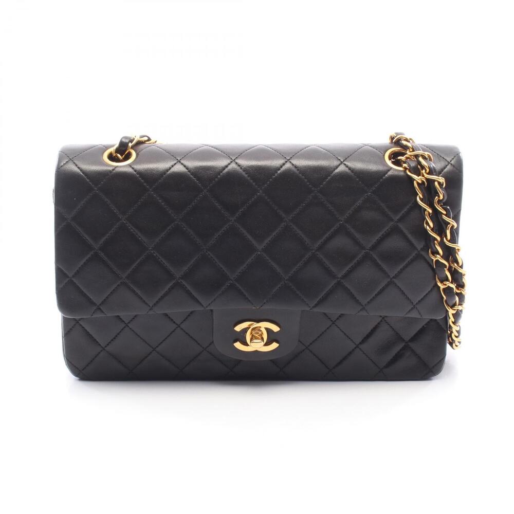 Chanel Matelasse Double Flap Shoulder Bag Lambskin Sheepskin Black